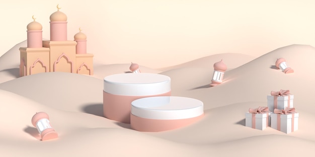 Ramadan kareem 3d podium met moskee geschenkdoos lantaarn roze backgrund