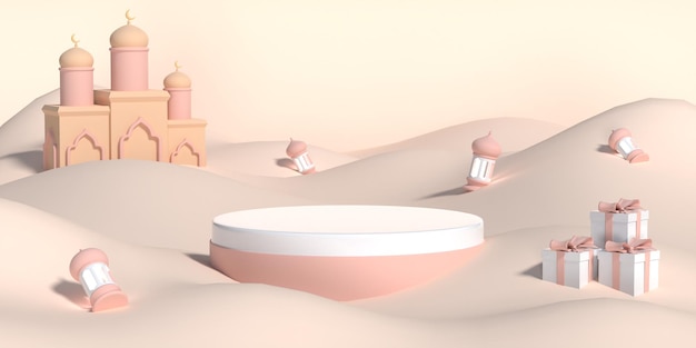 Ramadan kareem 3d podium with lantern mosque gift box premium PSD