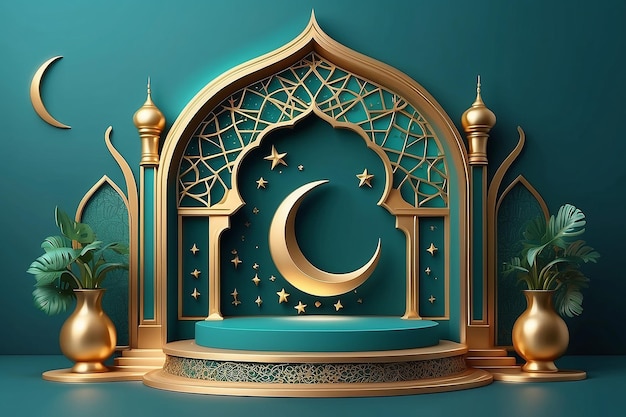 Ramadan Kareem 3D vector of classic teal Muslim Islamic festival theme product display background with gold crescent moon and Islamic decorations Arabic window and podium studio religious symbols