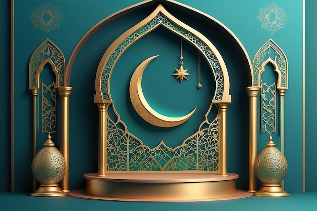 Ramadan Kareem 3D vector of classic teal Muslim Islamic festival theme product display background with gold crescent moon and Islamic decorations Arabic window and podium studio religious symbols