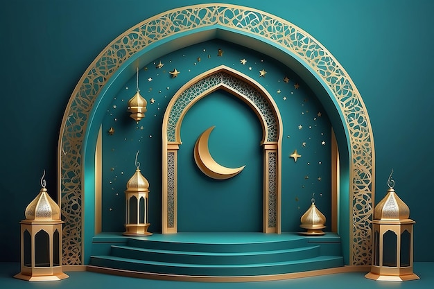 Ramadan Kareem 3D vector of classic teal Muslim Islamic festival theme product display background with gold crescent moon and Islamic decorations Arabic window and podium studio religious symbols