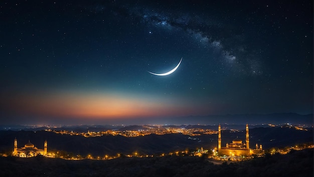 Foto ramadan kareem achtergrond met halve maan ster en moskee