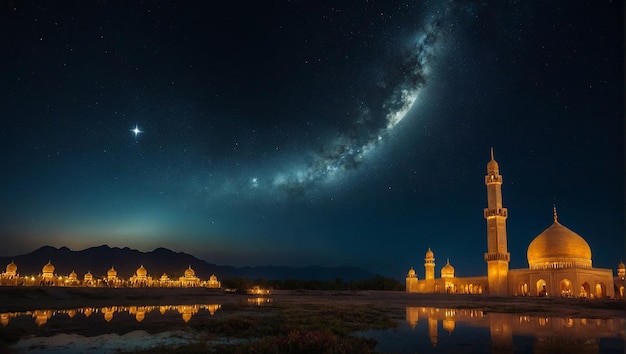 Foto ramadan kareem achtergrond met halve maan ster en moskee