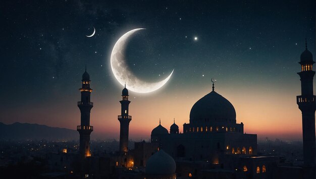 Foto ramadan kareem achtergrond met halve maan ster en moskee