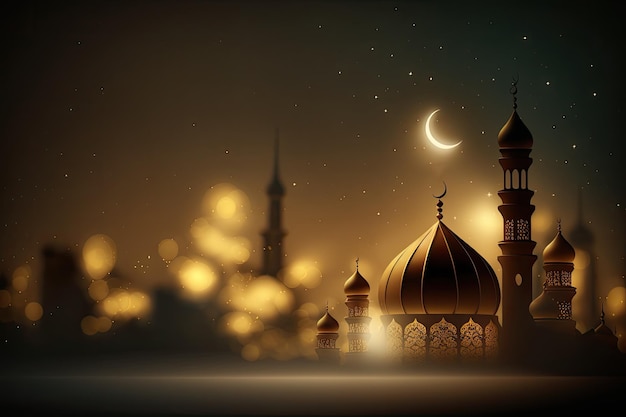 Ramadan Kareem Achtergrond met Moskee en Halve Maan met Bokeh 3D Rendering