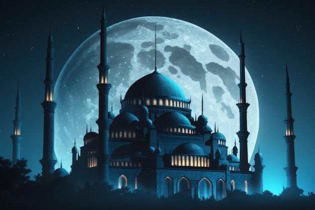 Ramadan Kareem-achtergrond met moskee en volle maan Generatieve AI