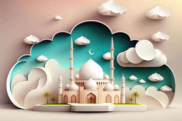 Ramadan Kareem achtergrond met moskee en wassende maan 3D-rendering