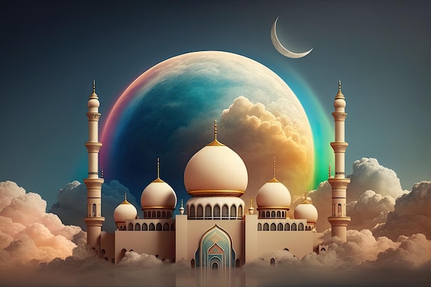 Ramadan Kareem achtergrond met moskee en wassende maan 3D-rendering