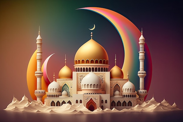 Ramadan Kareem achtergrond met moskee en wassende maan 3D-rendering