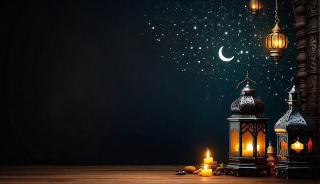 Ramadan Kareem achtergrondbanner met sterren en lantaarn Afbeelding met kopieerruimte Generatieve AI