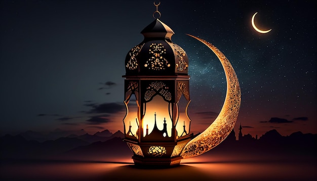 Photo ramadan kareem arabic lantern with crescent moon on night sky background generative ai