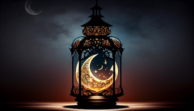 Ramadan kareem arabic lantern with crescent moon on night sky background Generative AI