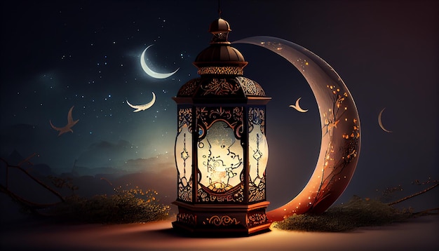 Ramadan kareem arabic lantern with crescent moon on night sky background Generative AI