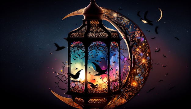 Ramadan kareem arabic lantern with crescent moon on night sky background Generative AI