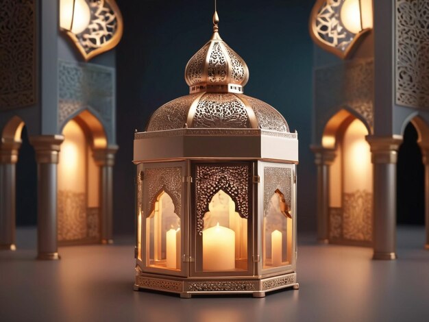 ラマダン・カリーム アラビアの豪華なランタンと エレガントな装飾 3Dモスクと輝く背景