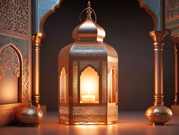 Ramadan Kareem Arabic luxury lanterns and elegant ornament 3D mosque with a shining Background