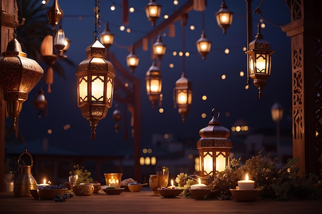 Ramadan kareem arabic style with hanging lanterns