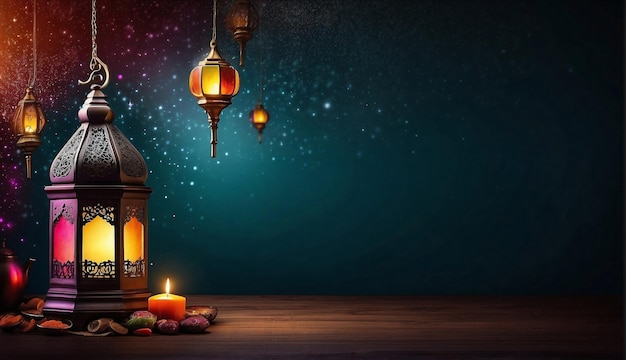 Ramadan Kareem background banner with stars and lantern Image with copy space