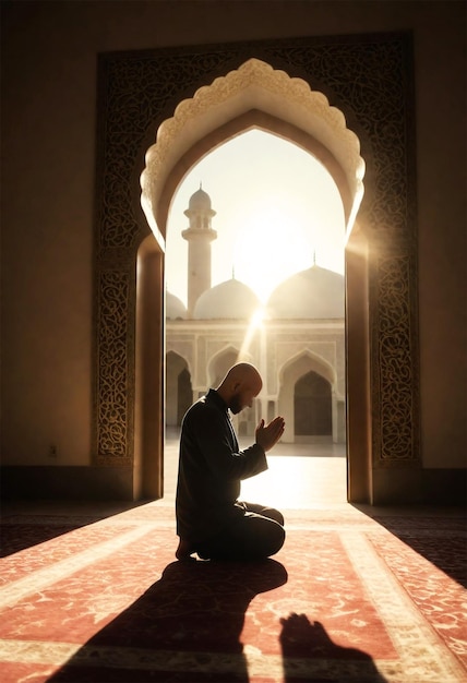 Foto ramadan kareem sfondo uomo che prega in una moschea e seduto in una porta con una luce luminosa