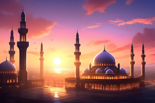Ramadan kareem background muslim lamp islamic sunset view