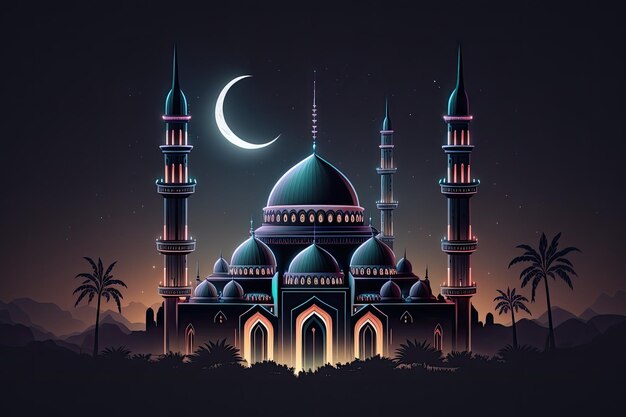 Ramadan Kareem Background in Neon Colors with Mosque and Crescent Moon 3d Rendering