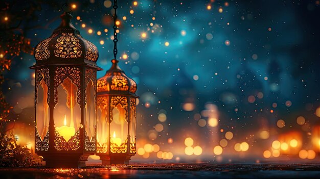 Ramadan Kareem background Ornamental Arabic lantern with burning candle glowing