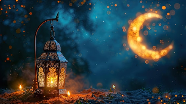 Ramadan Kareem background Ornamental Arabic lantern with burning candle glowing