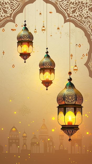 Ramadan Kareem background with arabic lanterns and mosque