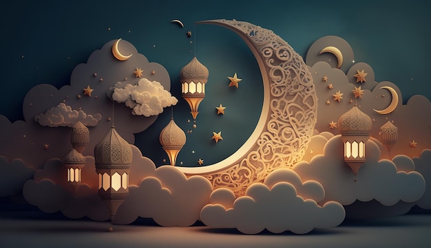 Ramadan Kareem background with a crescent moon clouds and lanterns Generative AI