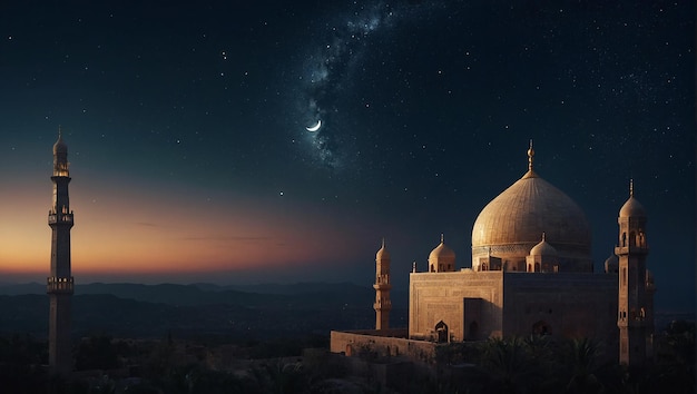 Foto ramadano kareem sullo sfondo con la stella della luna crescente e la moschea