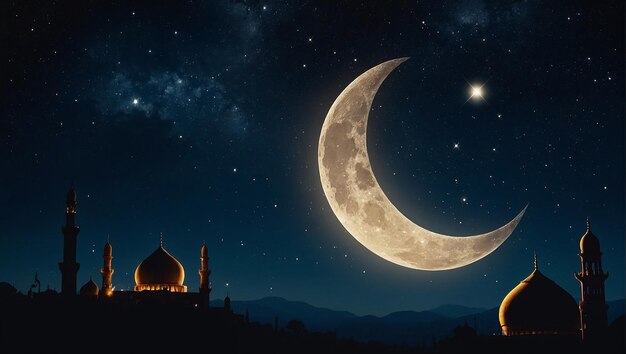 Foto ramadano kareem sullo sfondo con la stella della luna crescente e la moschea