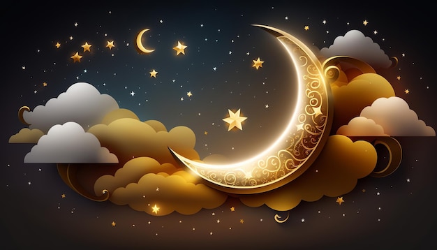 Ramadan Kareem background with crescent stars and clouds Generative ai