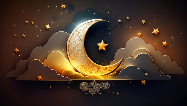 Ramadan Kareem background with crescent stars and clouds Generative ai