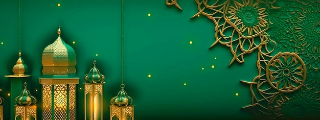 Ramadan kareem background with a green background and a mosque and the text ramadan