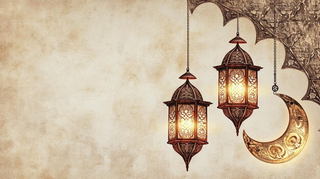 Ramadan Kareem background with hanging lanterns on vintage grunge wall