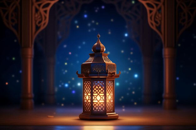 Ramadan Kareem background with lantern and bokeh lights 3d rendering