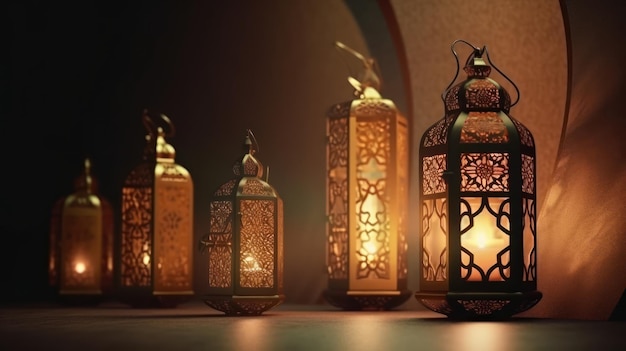 Ramadan Kareem background with lanterns and mosque Vector illustration