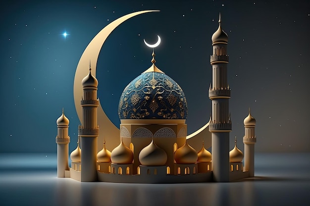 Ramadan Kareem Background with Mosque and Crescent Moon 3d Rendering