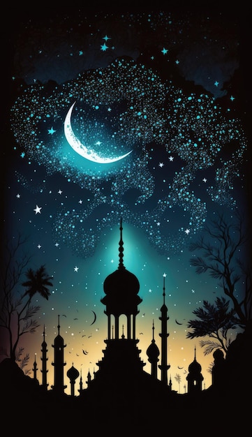 Ramadan Kareem Background with Mosque and Crescent Moon 3d Rendering