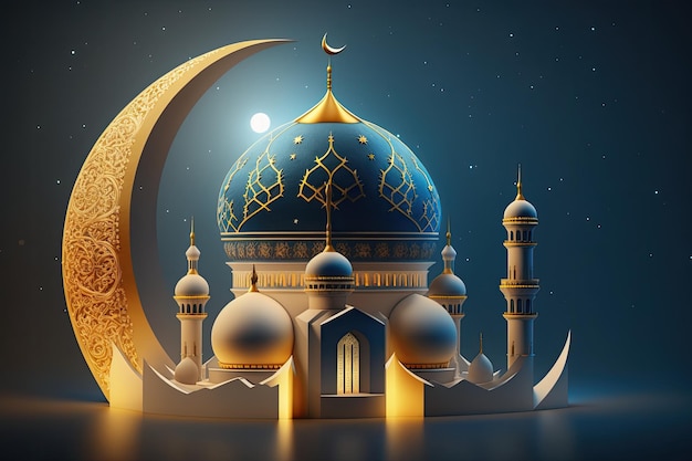 Ramadan Kareem Background with Mosque and Crescent Moon 3d Rendering