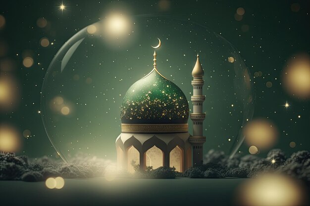 Ramadan Kareem Background with Mosque and Crescent Moon with Bokeh 3d Rendering