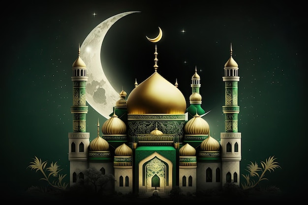 ボケ味を持つモスクと三日月のラマダン カリーム背景 3 d レンダリング