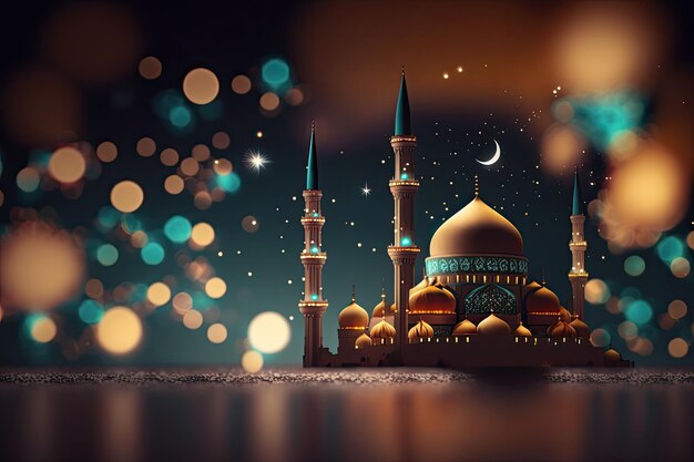 Ramadan Kareem Background with Mosque and Crescent Moon with Bokeh 3d Rendering