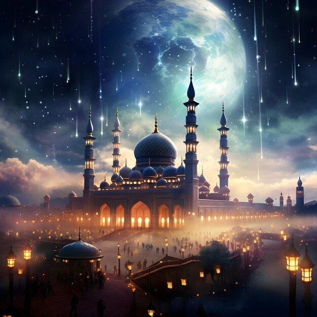 Рамадан Карим на заднем плане с мечетью и полнолунием