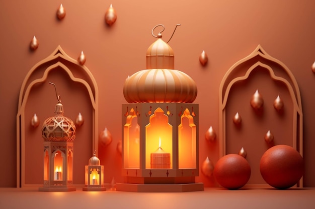 Ramadan Kareem background with mosque and lanterns Vector illustration