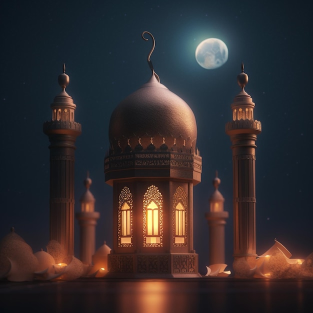 Ramadan Kareem background with mosque and moon 3d render