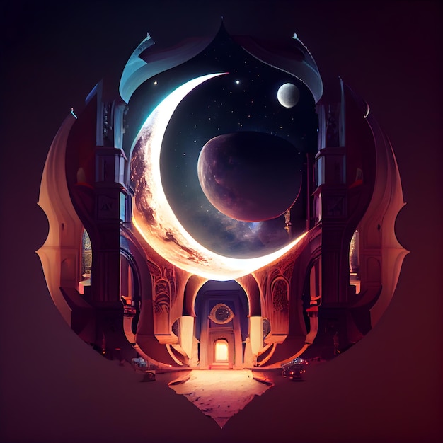 Ramadan Kareem background with mosque and moon 3d rendering
