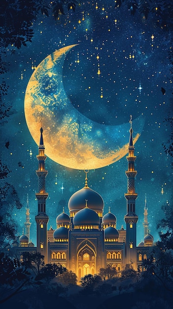 Рамадан Карим на фоне мечети с луной и звездами