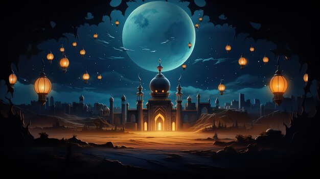 Ramadan Kareem background with mosque and moon