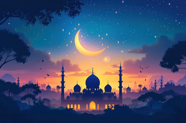 Ramadan Kareem background with mosque and moon